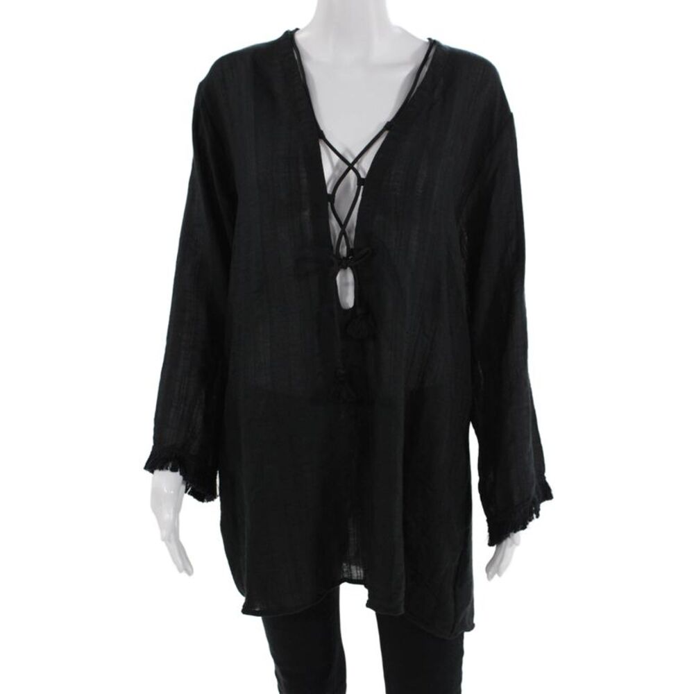 Robin Piccone Women Tunic Black V-Neck Long Sleeve Bohemian Size L